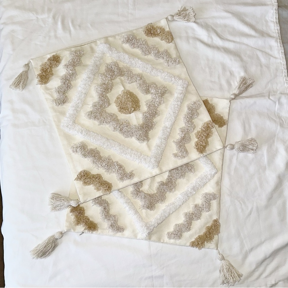 Set of 2 Tufted Tasseled Boho Throw Pillow Covers 17 x 17